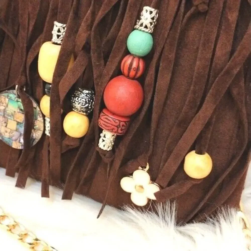 CROSSBODY BROWN Fringed Purse BOHEMIAN Luxury Gold Chain Charms Flower Gypsy NEW